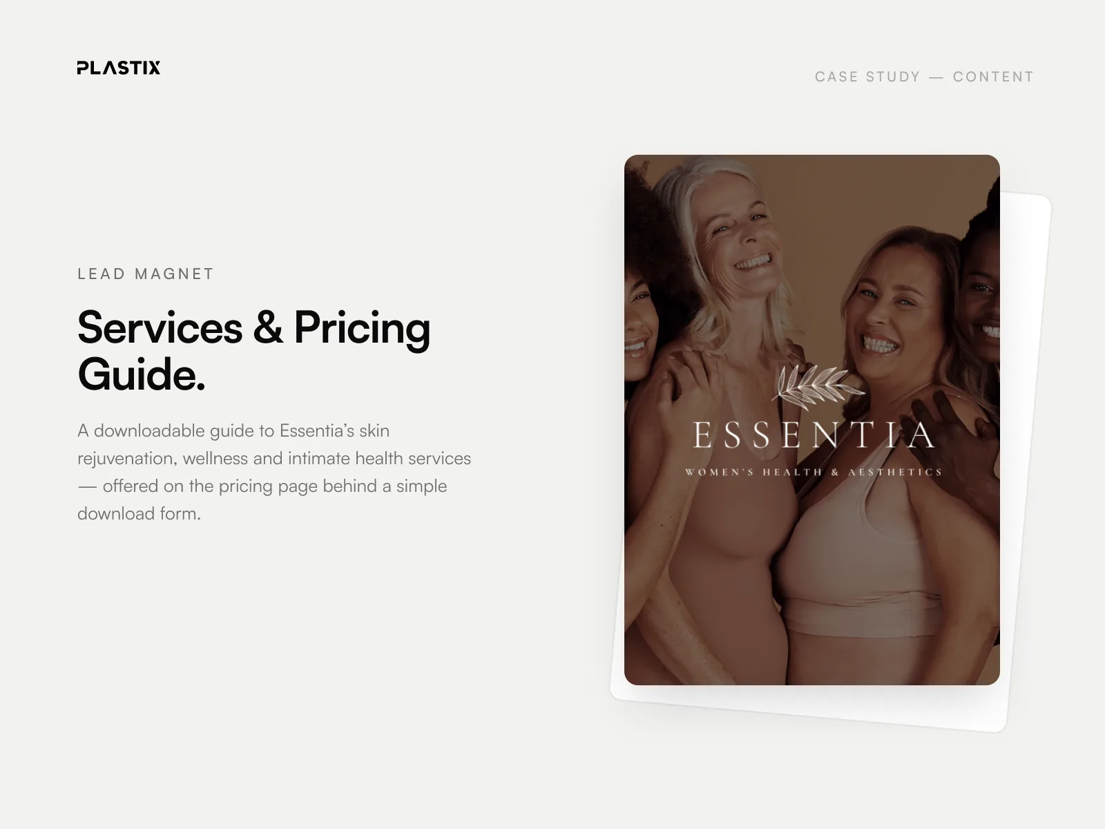 Essentia Women's Health & Aesthetics services and pricing guide lead magnet designed by Plastix